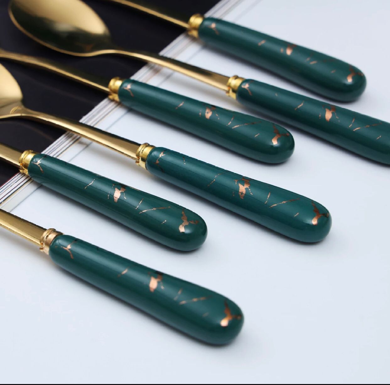 Stainless Steel Teaspoons Set- Set of 6 Tea spoon Set with Stand- Marble Finish Handle
