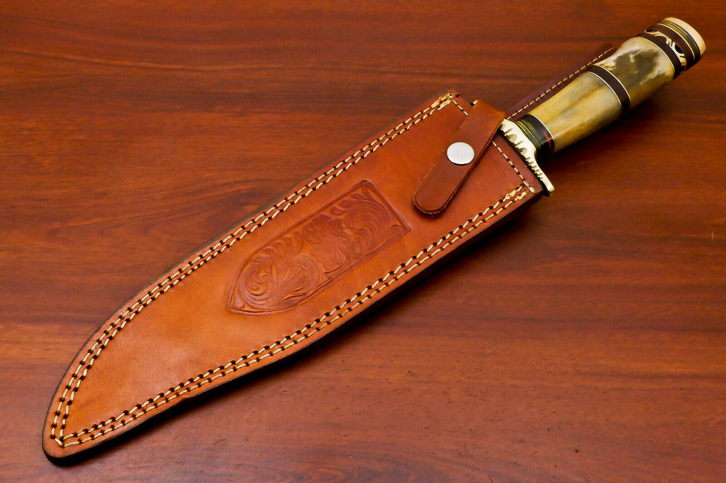 HS-489 Custom Handmade Damascus Bowie-Hunting Knife With Camel Bone Handle