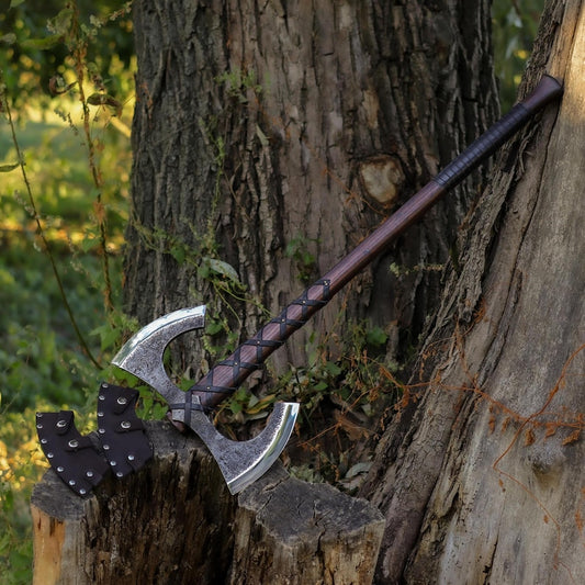 Double Headed Viking Axe with Leather Sheath & Custom Engraving