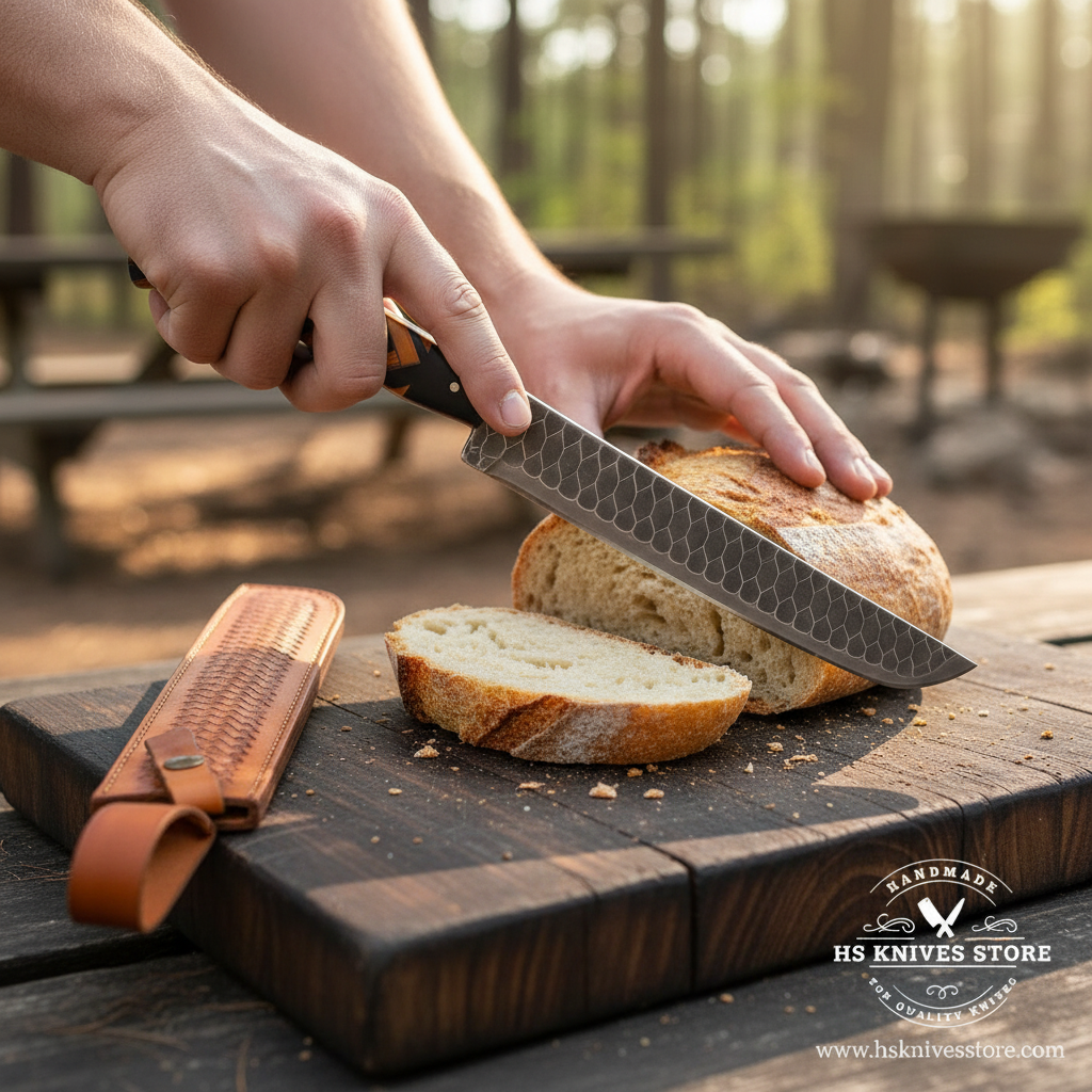 A close-up lifestyle shot of a person slicing a rustic loaf of bread with a large knife on a dark wooden cutting board. A brown leather sheath is resting on the board, and the background shows a softly blurred outdoor picnic setting.