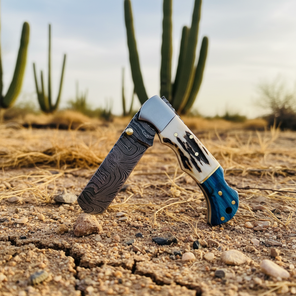 Damascus folding bull cutter knife stag horn blue wood handle on desert ground with cacti outdoor ranch setting