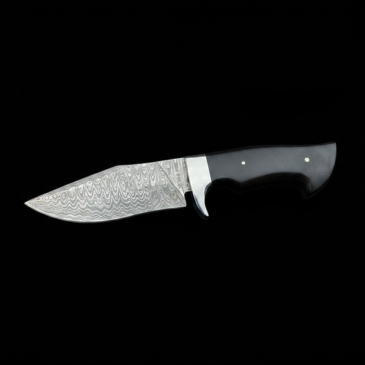 damascus-hunting-knife-black-horn-studio-left