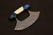 Load image into Gallery viewer, HS-1031 Handmade Damascus steel Chef Ulu Knife Pizza Cutter Knife with Bone and Blue wood Handle Also Come With Sheath