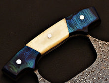 Load image into Gallery viewer, HS-1031 Handmade Damascus steel Chef Ulu Knife Pizza Cutter Knife with Bone and Blue wood Handle Also Come With Sheath
