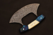 Load image into Gallery viewer, HS-1031 Handmade Damascus steel Chef Ulu Knife Pizza Cutter Knife with Bone and Blue wood Handle Also Come With Sheath