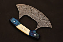Load image into Gallery viewer, HS-1031 Handmade Damascus steel Chef Ulu Knife Pizza Cutter Knife with Bone and Blue wood Handle Also Come With Sheath