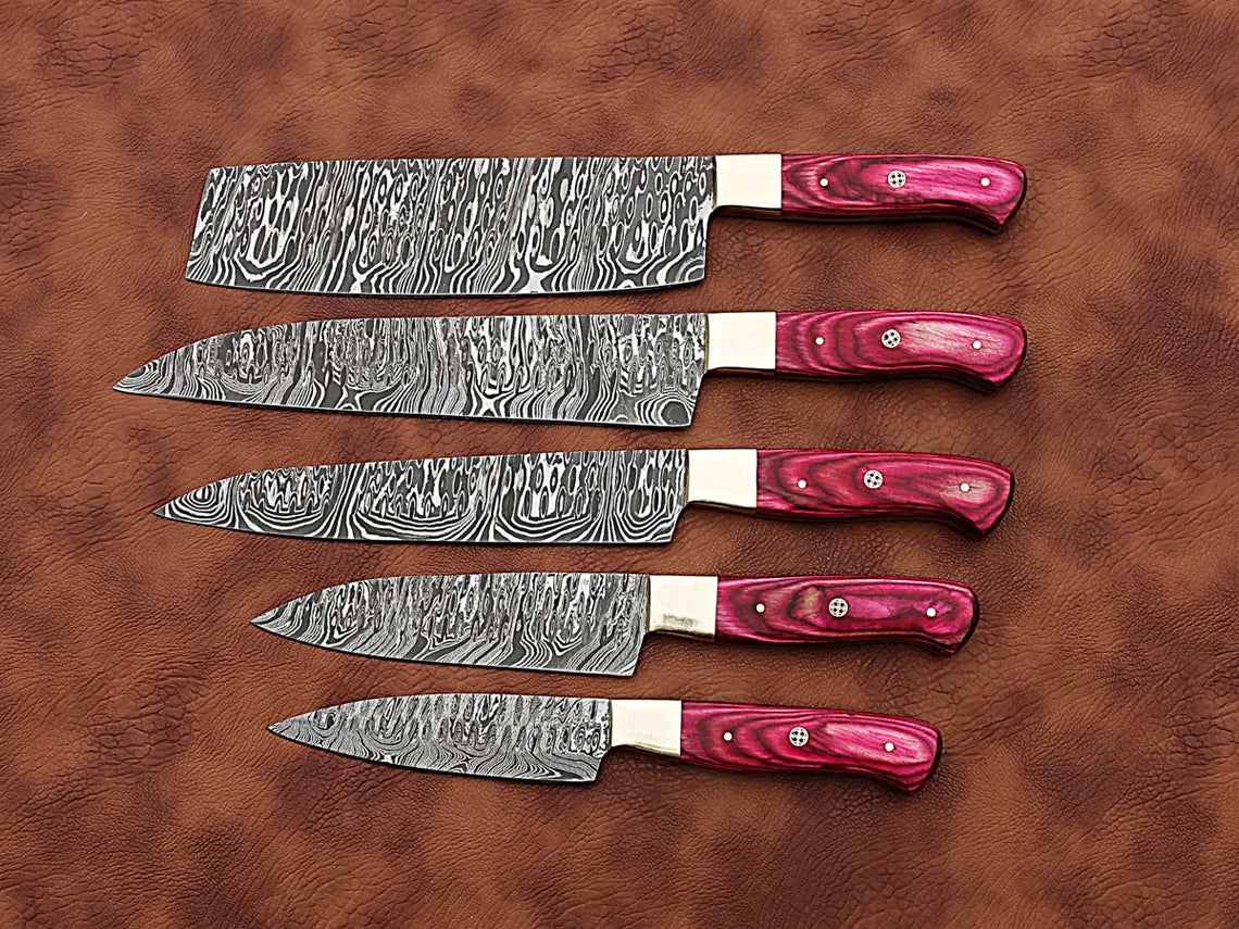 HS-172 Custom Handmade Damascus Five Pecs Kitchen/Chef Knives Set- Hard Wood Handle