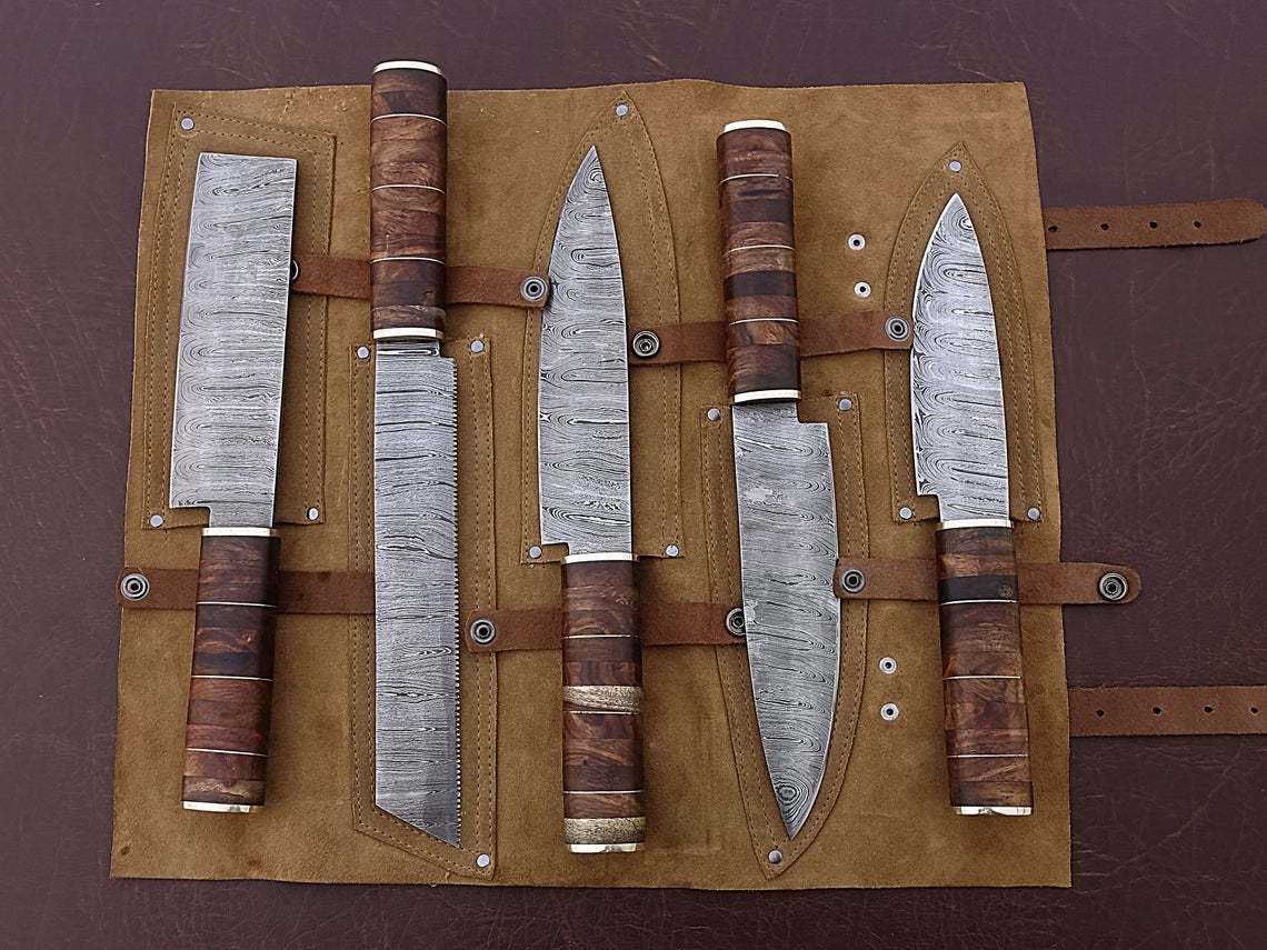HS-167 Custom Handmade Damascus Five Pecs Kitchen/Chef Knives Set- Rose Wood Handle - Best Price