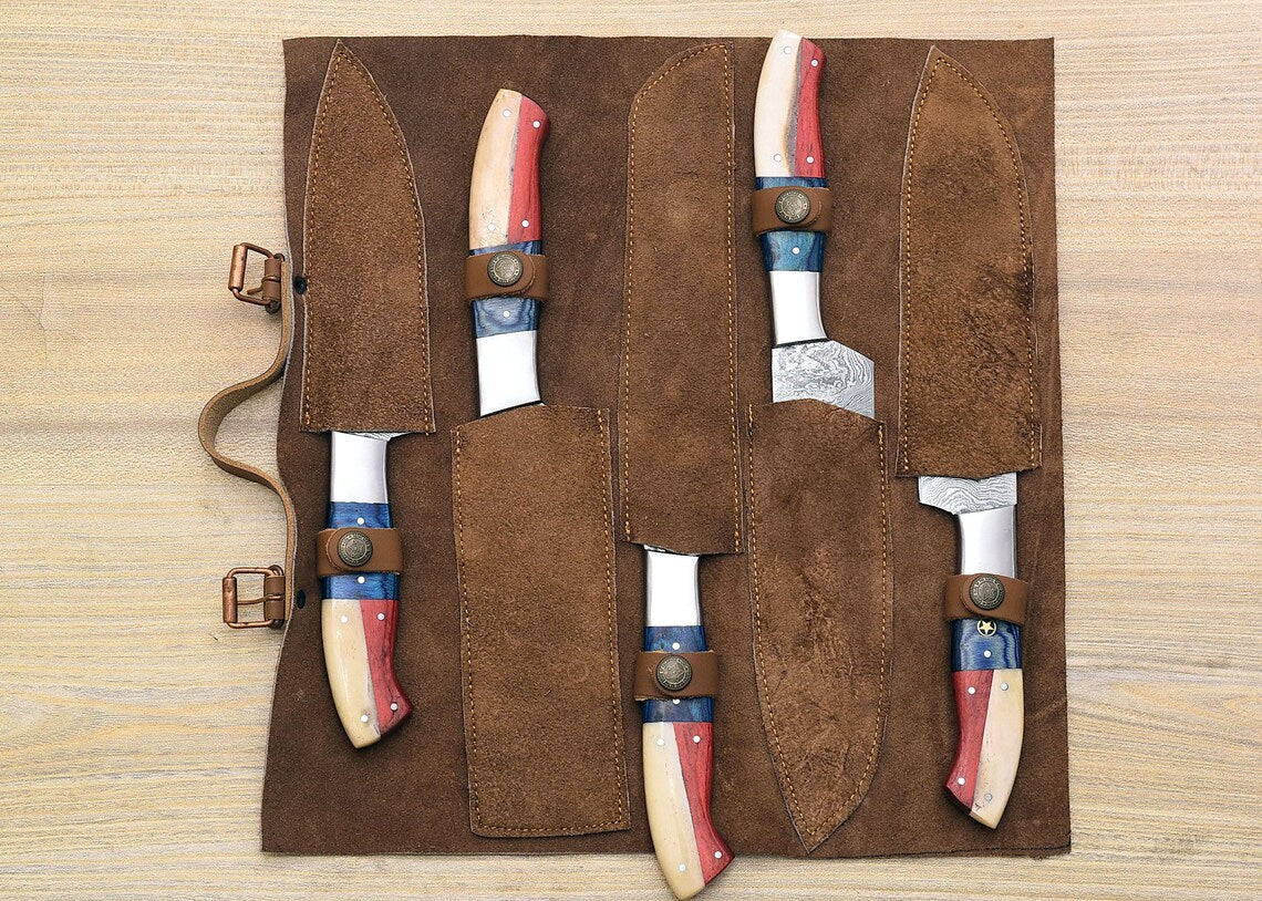 Damascus Chef Knife Set – Texas Flag Handle | 5 Pieces | HS-121