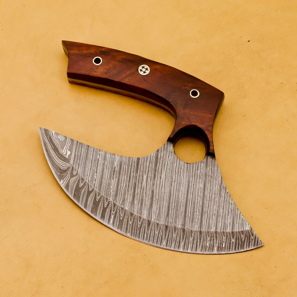HS-1033 Handmade Damascus Chef Kitchen Ulu Knife Chef Knife Heavy Duty Damascus Handle Koa Wood with Leather Sheath GIFT IDEA