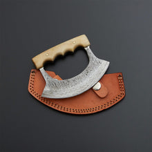 Load image into Gallery viewer, HS-1035 Damascus Steel Ulu Knife Cow Bone handle, Birthday gift for you, Pizza and meat cutter gift for mother and wife, Beautiful ULU knife gift