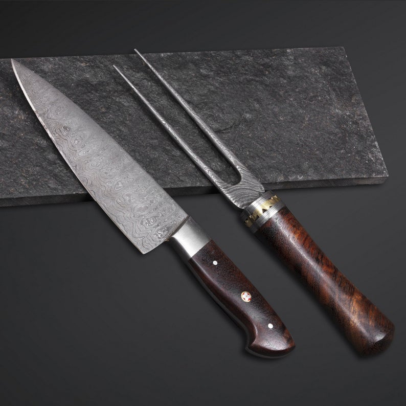 HS-215 Custom Handmade Damascus Kitchen-Chef Knives + Fork Set Lot Of Two Pecs With Wood Handle