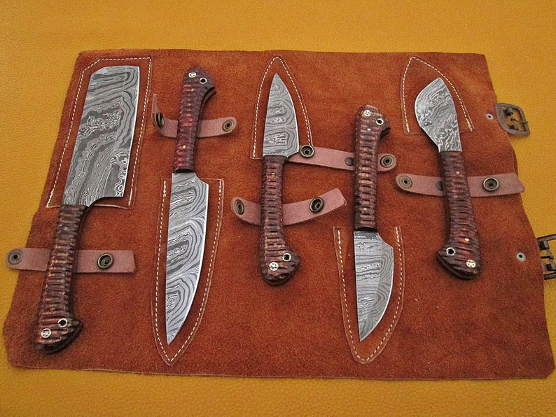 HS-221 Custom Handmade Damascus Kitchen-Chef Knives Set Lot Of 5 Pecs With Wood Handle