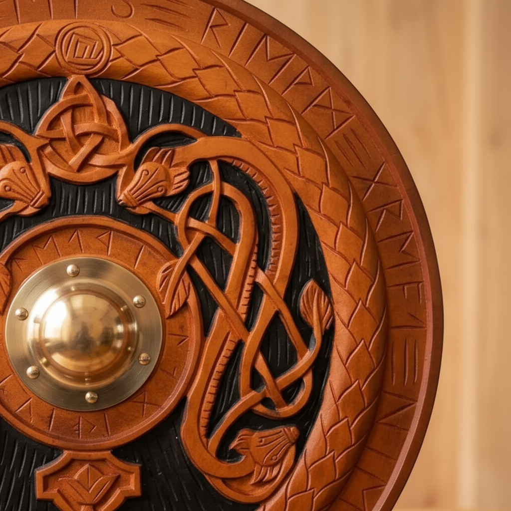 Close-up of the carved rune ring and braided border on a reddish wooden Viking shield