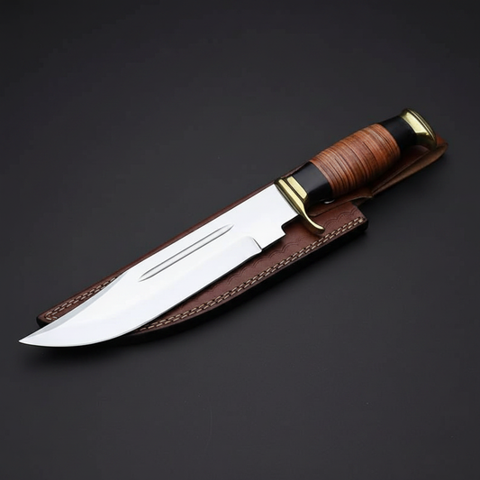 D2 steel Bowie knife with stacked leather handle and embossed leather sheath, mirror studio shot left facing