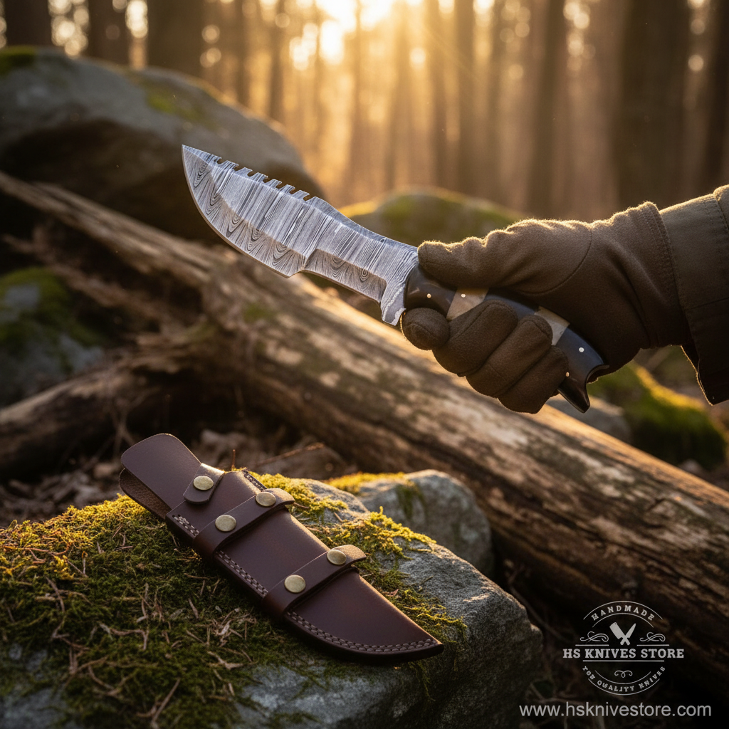 Hunter hand gripping bone buffalo horn handle Damascus tracker knife in confident outdoor pose forest golden sunlight with dark burgundy sheath on rocks