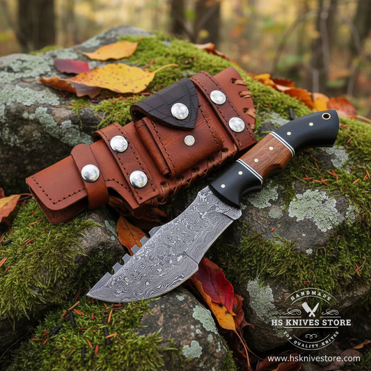 Damascus tracker knife two-tone micarta rosewood handle on mossy rocks outdoor forest setting with rust leather multi-pocket sheath