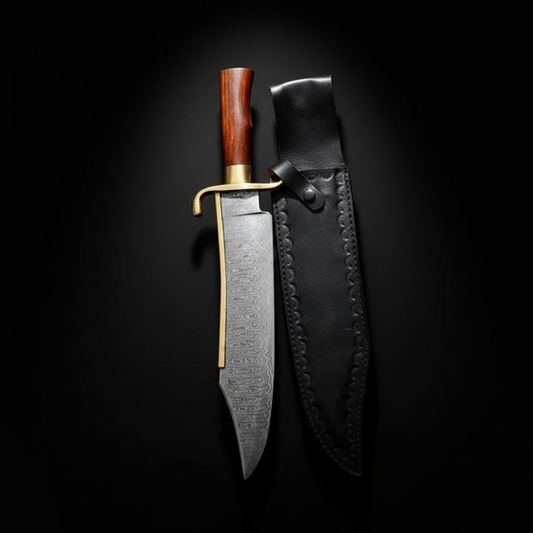 Handmade Damascus steel Bowie knife with rosewood handle and brass guard on black studio background right facing