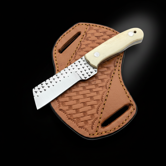 Handmade rasp file bull cutter knife with camel bone handle on black studio background left facing mirror shot