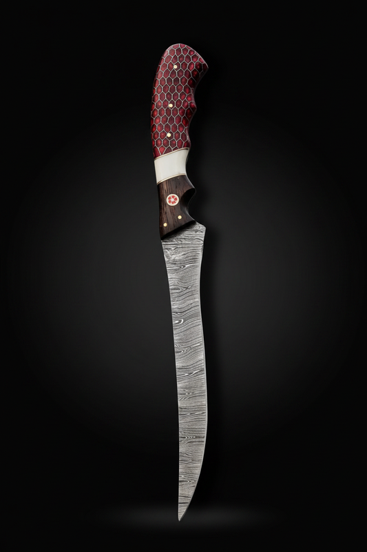 Handmade Damascus steel fillet knife with red honeycomb G10 handle on black background dramatic studio lighting professional product photography