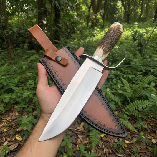 Handmade D2 Bowie knife antler handle outdoor nature green background