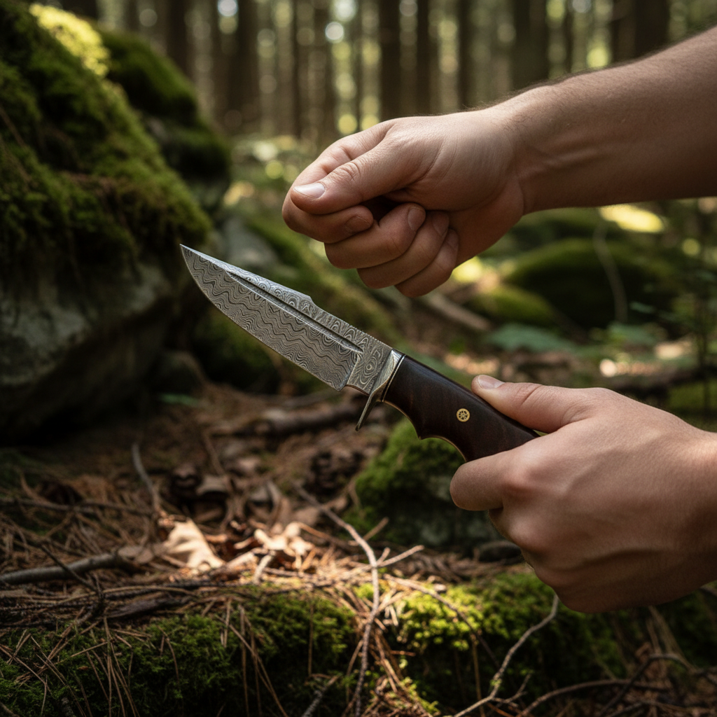 Hands holding Damascus hunting knife with walnut handle in outdoor forest environment