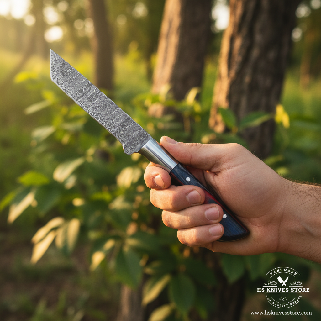 One hand gripping Damascus tanto cleaver knife with two-tone blue red pakkawood handle in outdoor natural golden hour lifestyle setting
