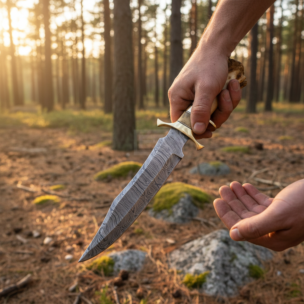 lifestyle-hands-holding-damascus-bowie-knife-outdoor-hunting-pine-forest