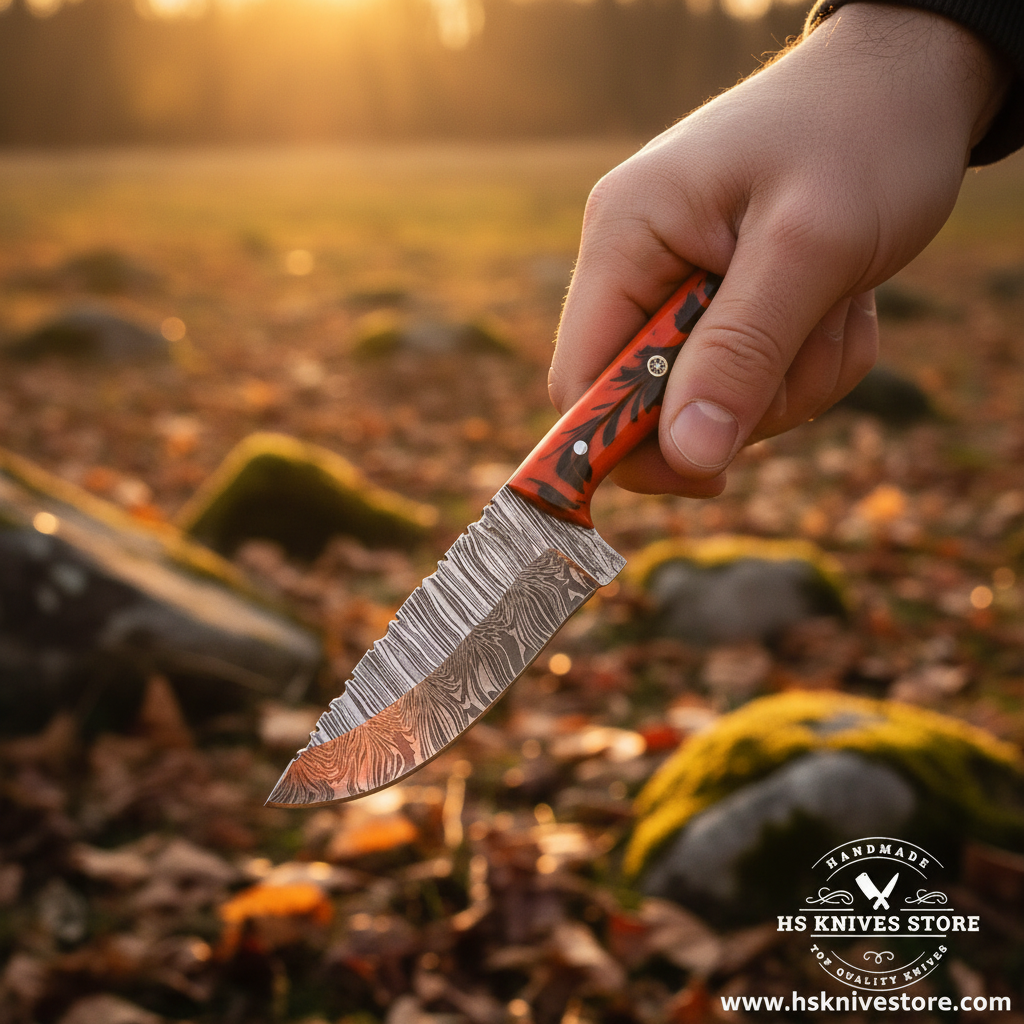 Hand gripping orange resin handle Damascus steel skinner knife in outdoor action shot with golden light