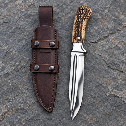 Front view of handmade D2 Bowie knife with stag horn handle and brown leather sheath on natural slate