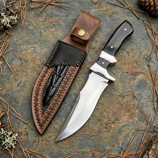 D2 Bowie knife with contoured black handle and tan-and-black sheath on slate