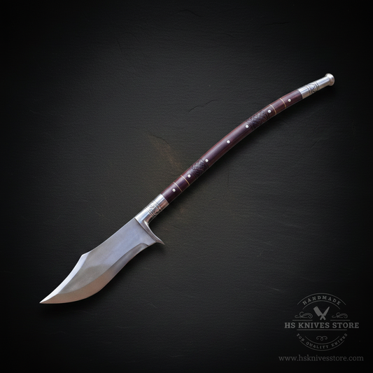 Single fantasy spear collector piece with broad steel head and curved rosewood shaft on dark charcoal background