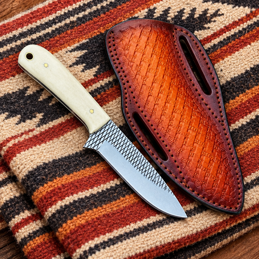 Reverse view of the Cowboy Bush Knife showing the pale deer bone handle and embossed leather sheath on a western blanket