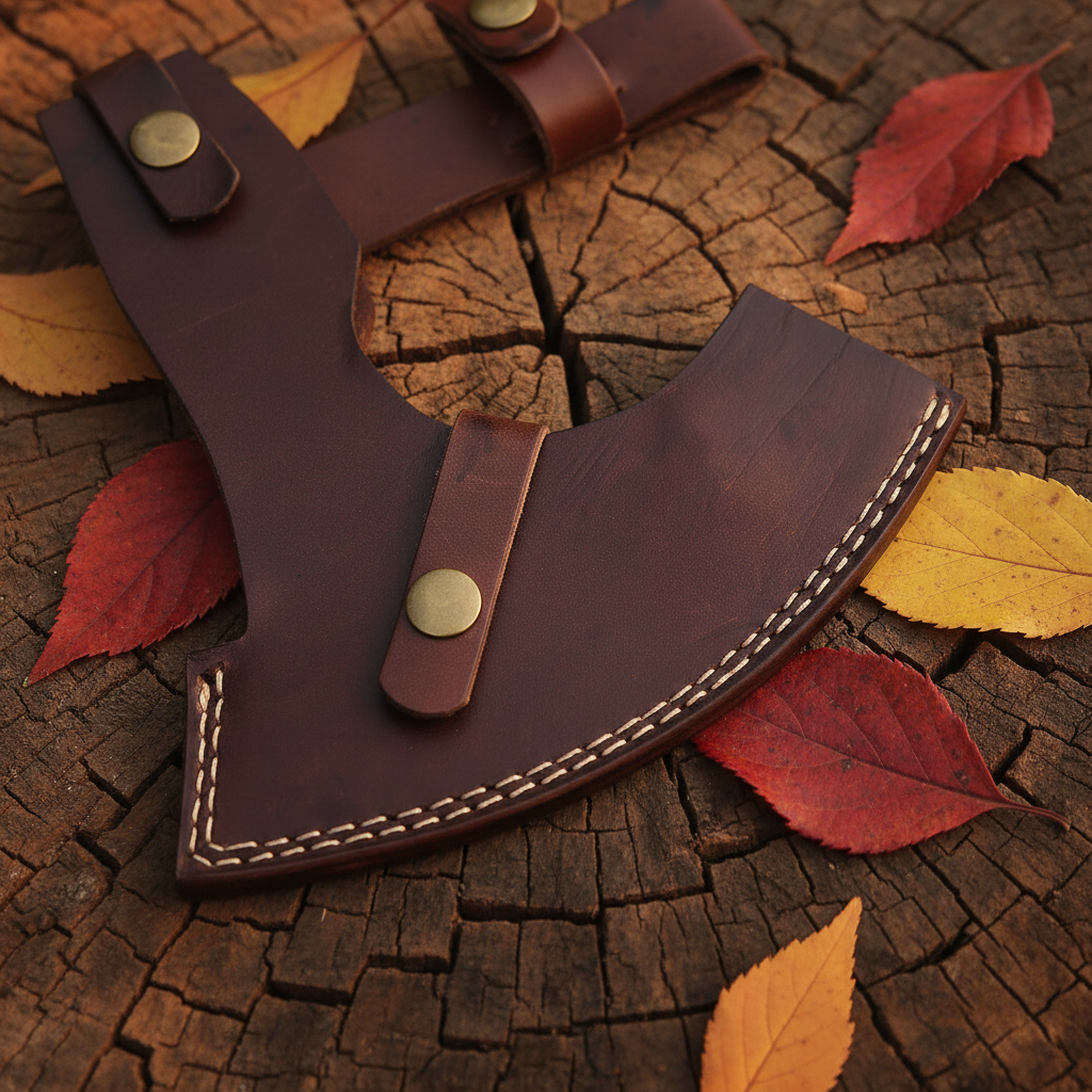 Dark brown leather axe blade guard with brass rivets and cream stitching and belt loop detail macro shot