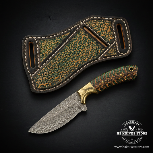 Green pinecone Damascus Skinner Knife with brass guard and scout sheath on charcoal background