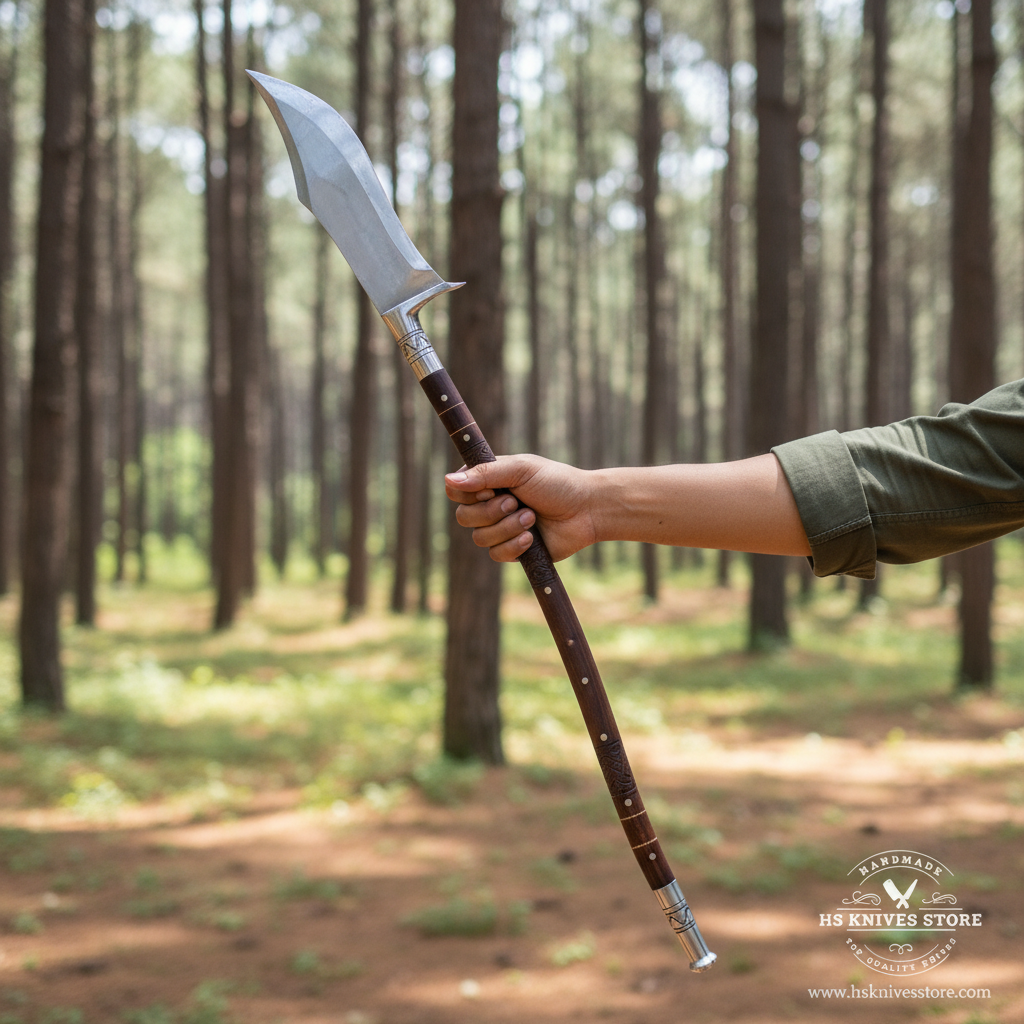 One-hand face-free outdoor presentation of a single fantasy spear with broad steel head and rosewood shaft
