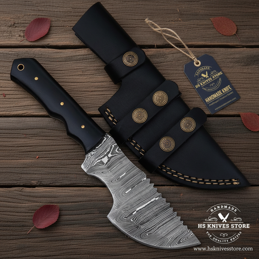 Black Micarta Damascus tracker hunting knife and sheath on rustic wood with HS Knives Store handmade hang tag