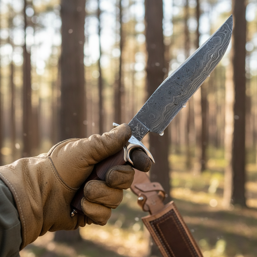 Hunter hand gripping handmade Damascus Bowie knife with rosewood handle and crescent guard outdoors action lifestyle shot blurred forest background