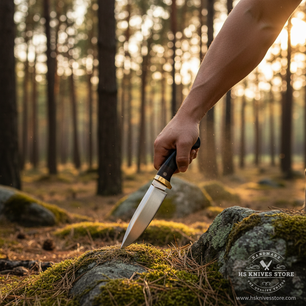 Hunter hand gripping jet black G10 handle D2 steel hunting knife in action pose outdoor forest golden sunlight