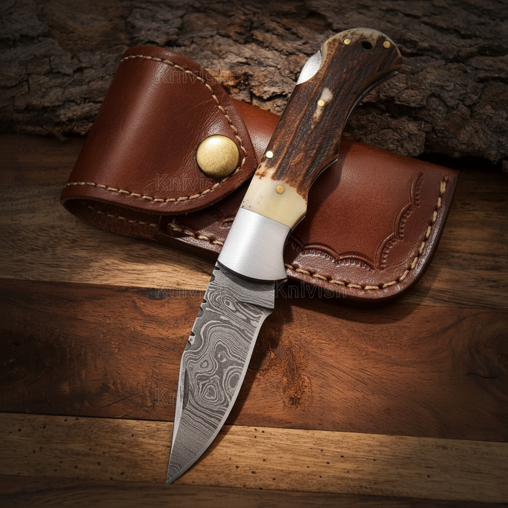 Damascus back lock folding knife with stag antler handle beside brown leather belt sheath collector display