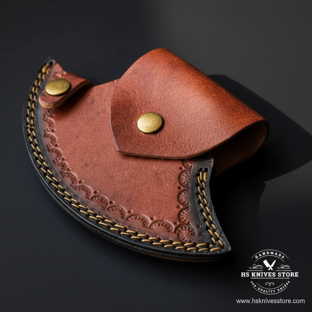 Close-up of tan rust brown crescent leather ulu knife sheath with embossed floral scallop pattern and brass snap buttons macro detail