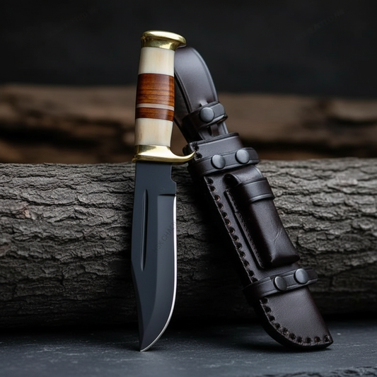 Handmade fixed blade hunting knife stacked leather handle vertical slate background luxury shot