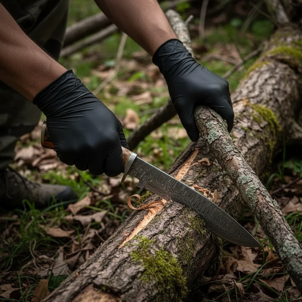 Black gloved hands carving branch with Damascus Bowie knife outdoor forest action shot