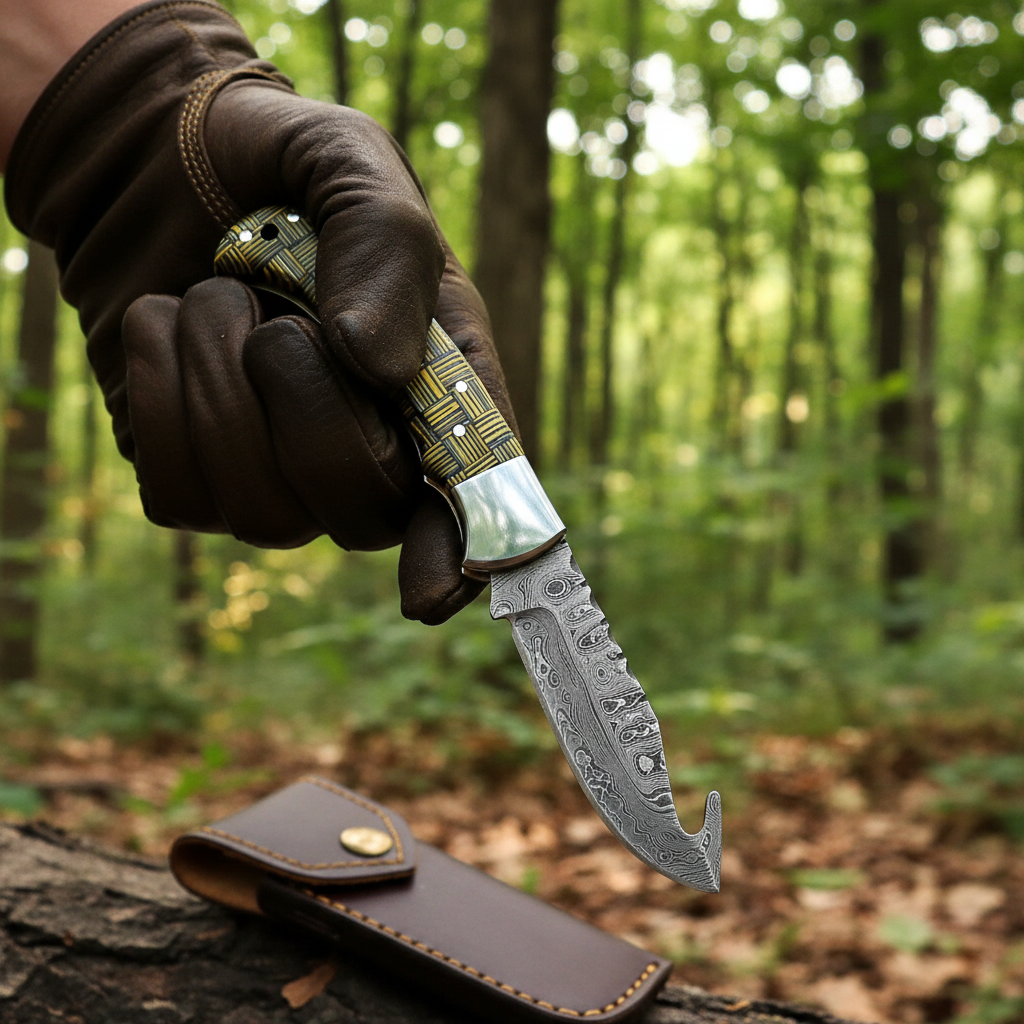 Hands holding open Damascus folding knife with woven handle outdoor lifestyle action shot