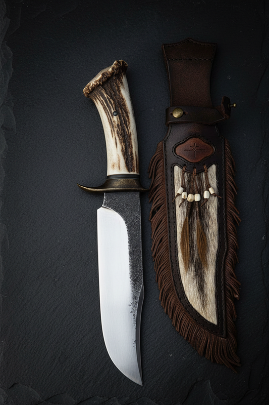Handmade 1095 steel Bowie knife with stag crown antler handle vertical display on dark slate stone long blade pointing up luxury collector photography