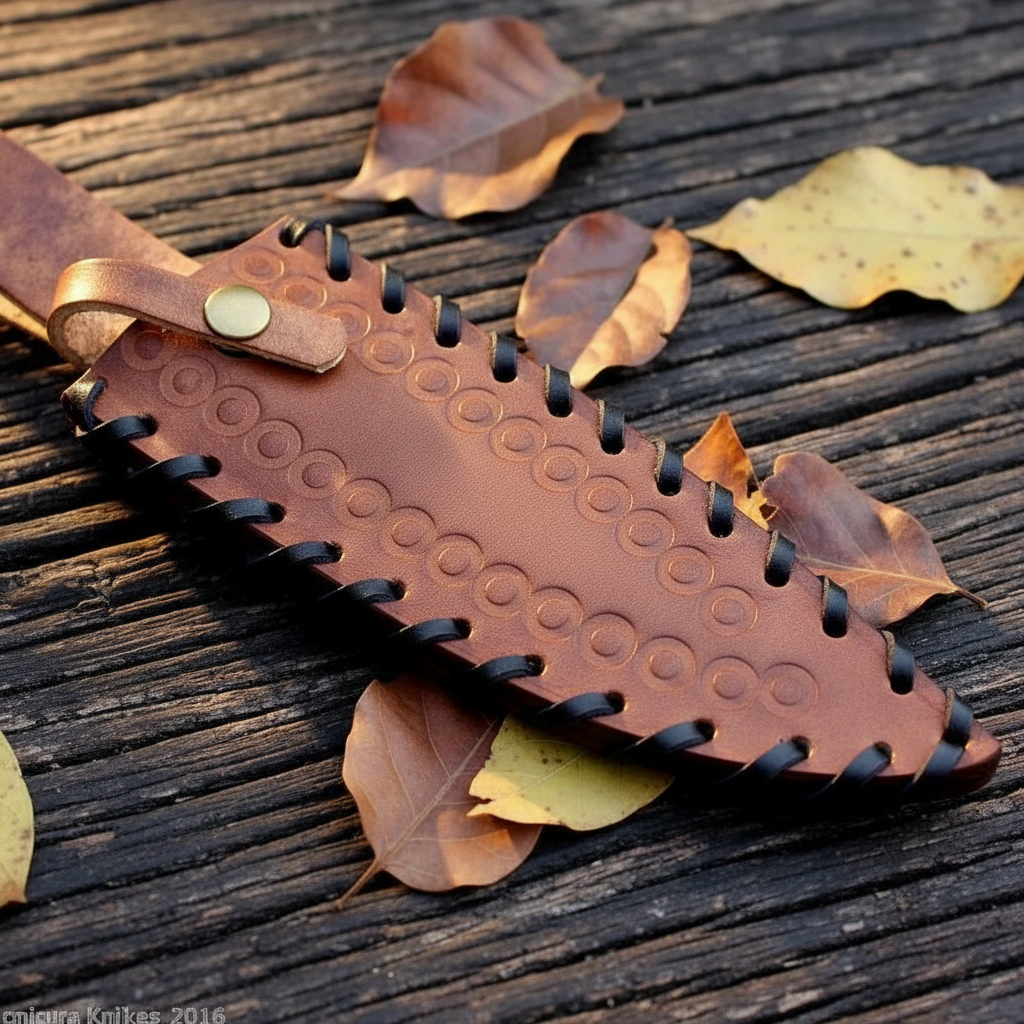 Brown leather knife sheath with embossed circle pattern and black lace stitching detail macro shot