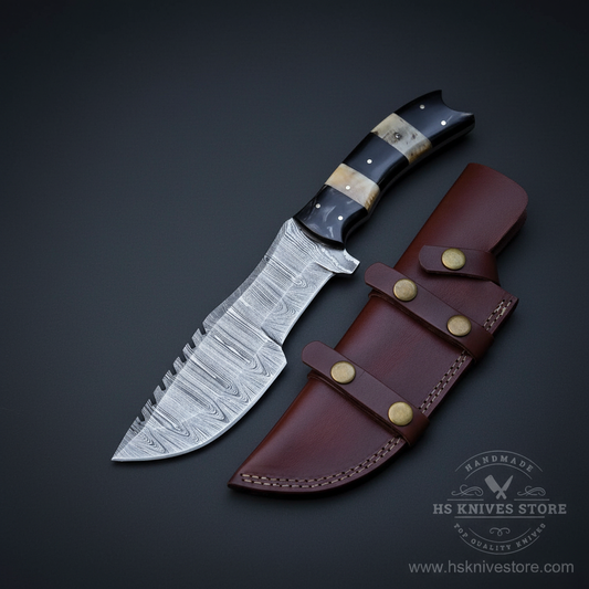 Damascus tracker knife bone buffalo horn handle dark burgundy multi-pocket sheath dark charcoal studio mirror direction