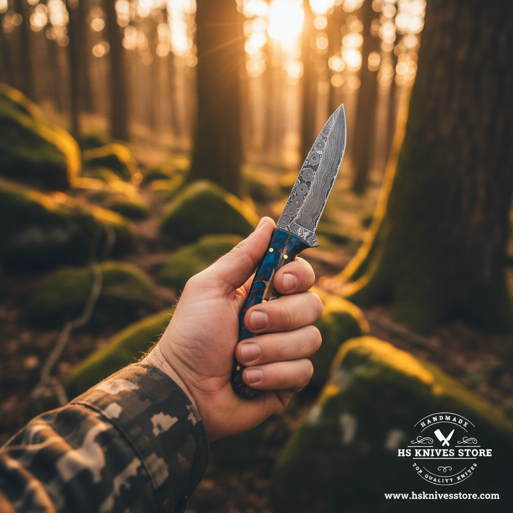 Hand gripping blue resin pine cone handle Damascus skinner knife in outdoor forest action shot with golden hour light