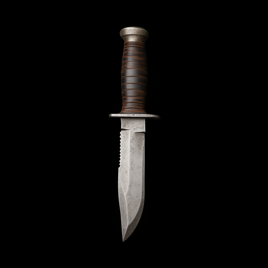 1095 steel hunting knife stacked leather handle pure black background main product shot