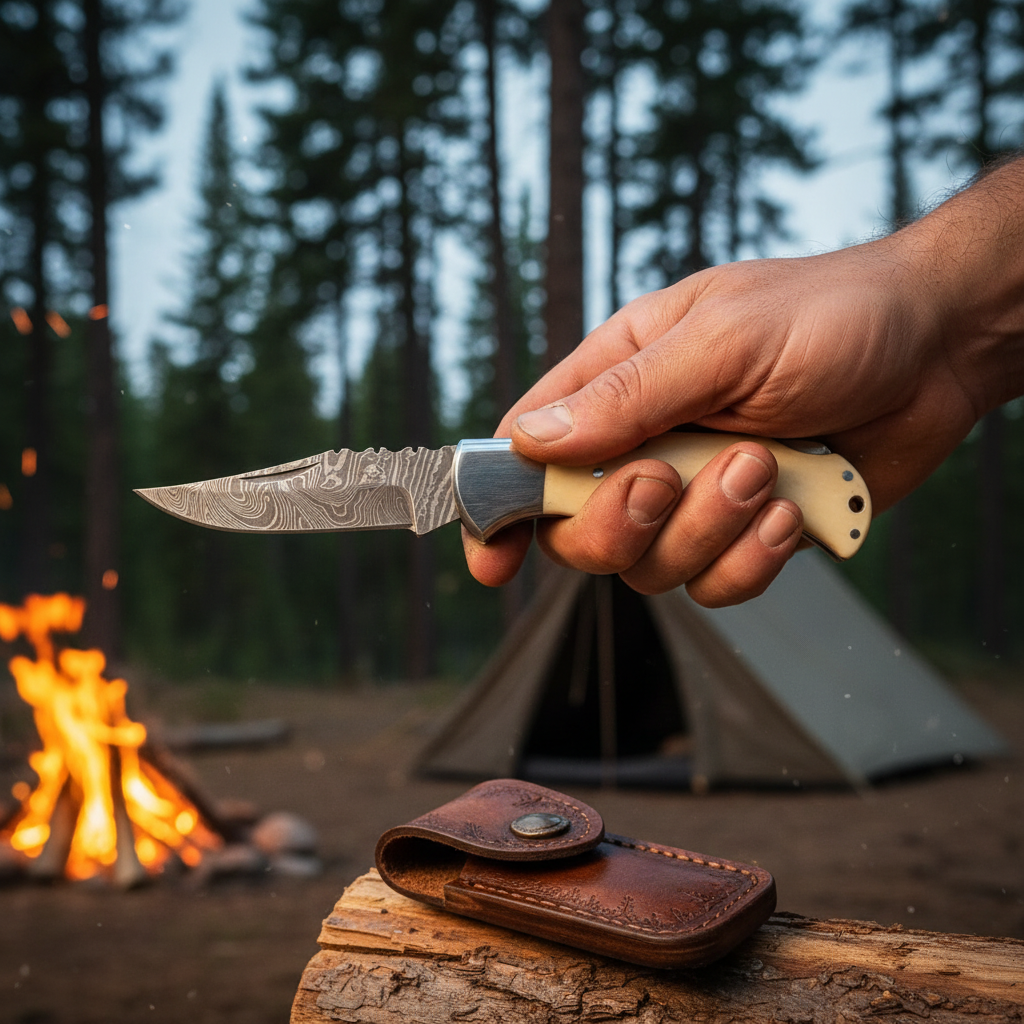 Hand gripping Damascus folding pocket knife white bone handle camping scene pine trees tent